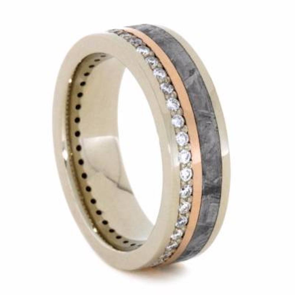 His and Hers Wedding Band Set, Diamond Eternity, Gibeon Meteorite, 14k Rose and White Gold Ring and Men's Gibeon Meteorite, Black Stardust, 14k Rose Gold Titanium Band. 