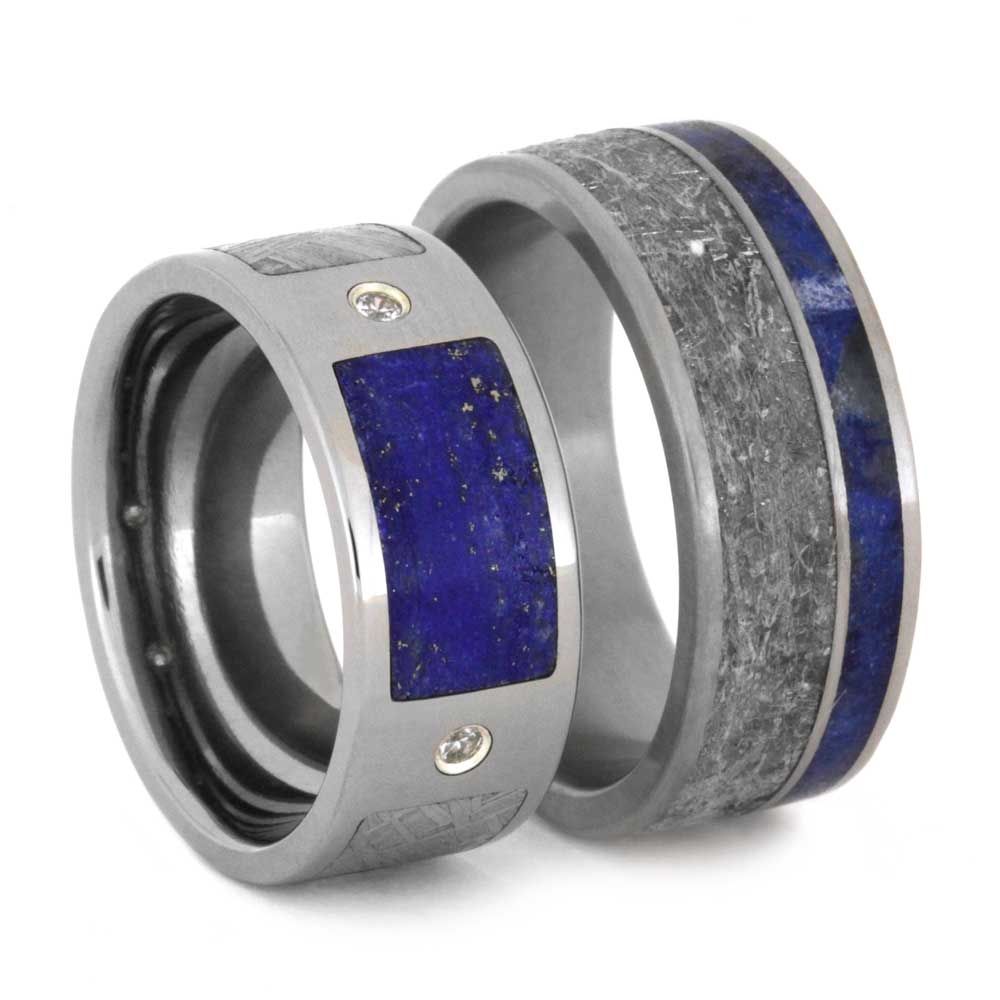 White Sapphire, Gibeon Meteorite, Lapis Lazuli Partial Inlays Ring, Men's Gibeon Meteorite, Lapis Lazuli Titanium Band and His and Her's Wedding Band Set .