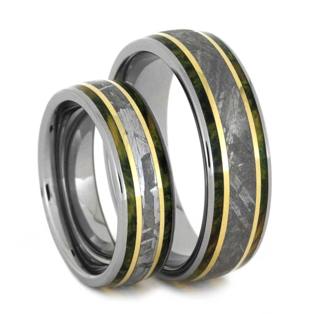 His and Hers Titanium Wedding Band Set, Gibeon Meteorite, Green Box Elder Burl Wood, 14k Yellow Gold Ring.