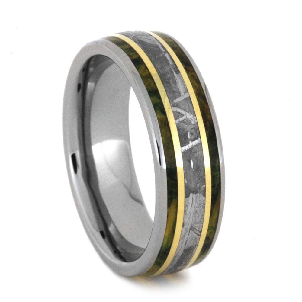 His and Hers Titanium Wedding Band Set, Gibeon Meteorite, Green Box Elder Burl Wood, 14k Yellow Gold Ring. 