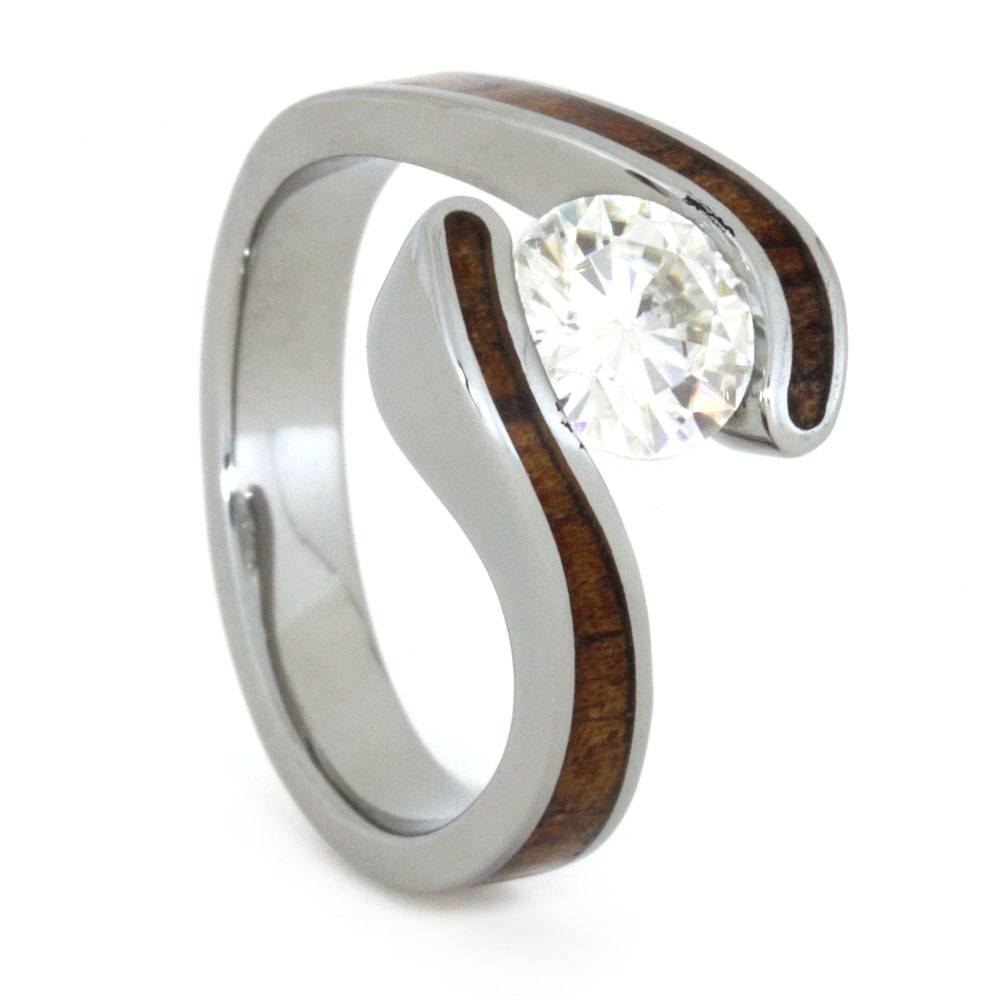 Charles & Colvard Moissanite, Koa Wood Engagement Ring and Solitaire Diamond Titanium Wedding Band, Bridal Ring Set 