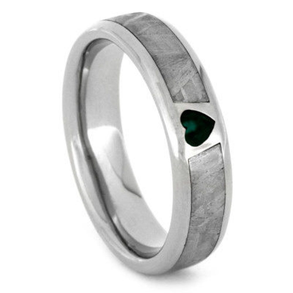 Lab Created Emerald, Gibeon Meteorite, 14k White RING-3318-JR-TIGold Ring, Men's Green Box Elder Burl Wood Matte Titanium Band and His and Hers Titanium Wedding Band. 