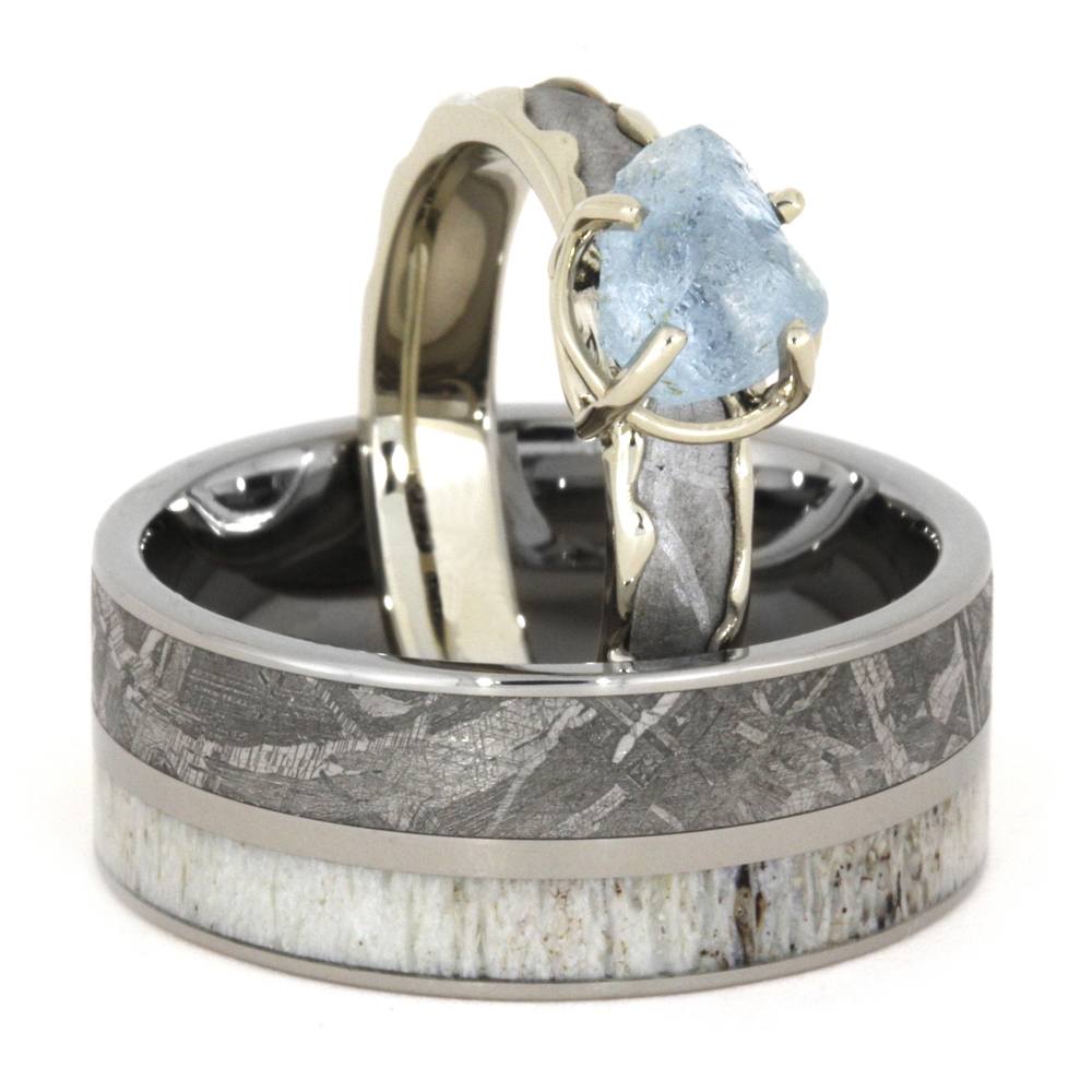 Aquamarine, Gibeon Meteorite, 10k White Gold Engagement Ring, Deer Antler and Gibeon Meteorite Titanium Band and His and Hers Wedding Band.