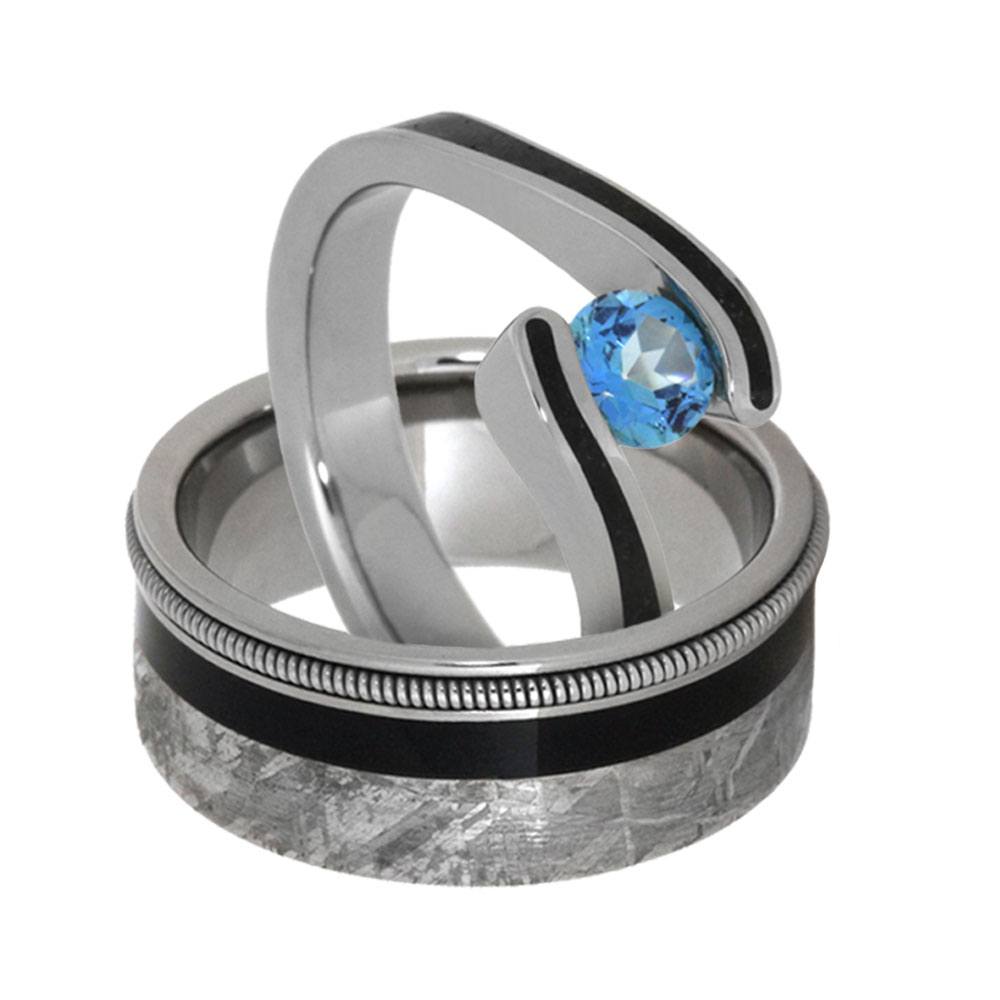 Topaz with Rock Engagement Ring and Ebony Wood, Gibeon Meteorite, Guitar String Titanium Band and His and Hers Wedding Band Set.