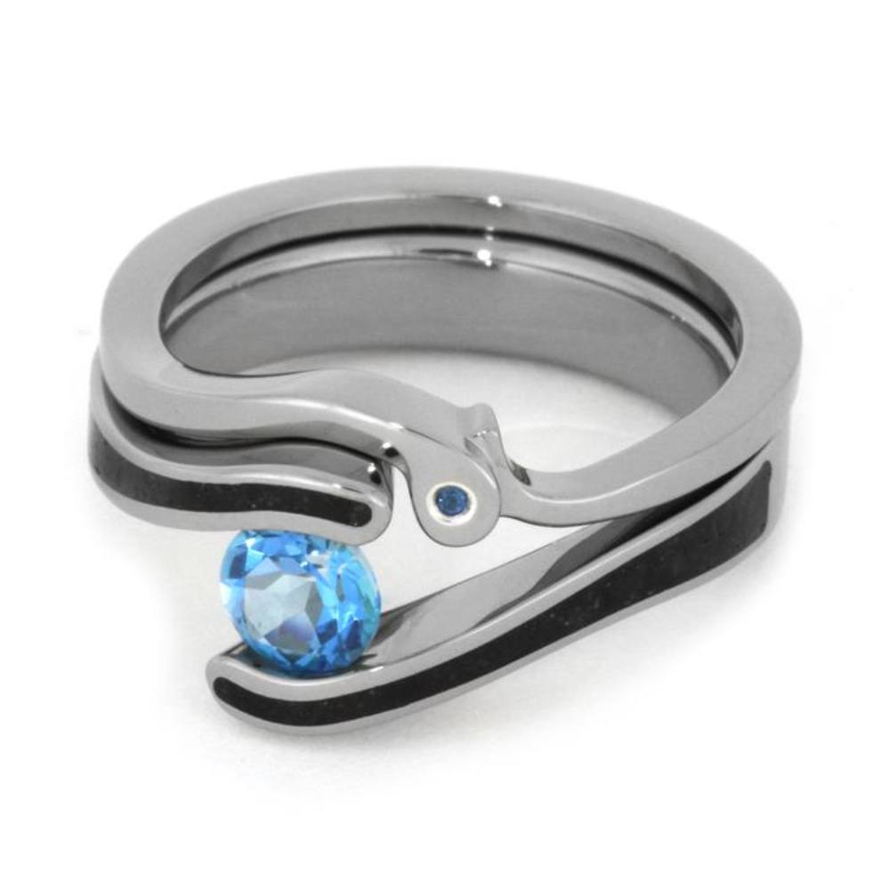 Topaz with Rock Engagement Ring and Ebony Wood, Gibeon Meteorite, Guitar String Titanium Band and His and Hers Wedding Band Set. 