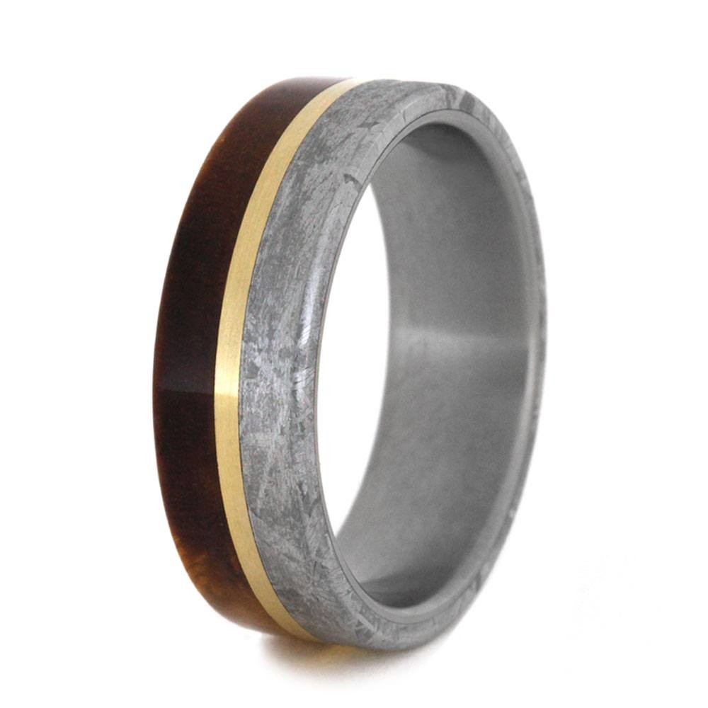 Amboyna Burl Wood, Gibeon Meteorite,14k Yellow Gold Pinstripe Overlay 7mm Comfort-Fit Matte Titanium Band. 