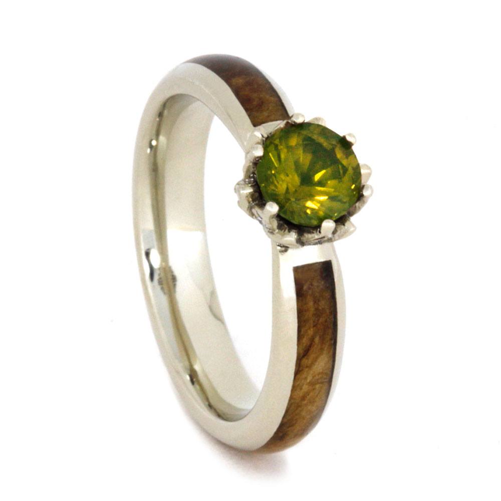 His and Hers Wedding Band Set, Peridot with 10k White Gold Lotus Flower Engagement Ring and Black Ash Burl wood, Gold Box Elder Burl Inlay Wedding Ring. 