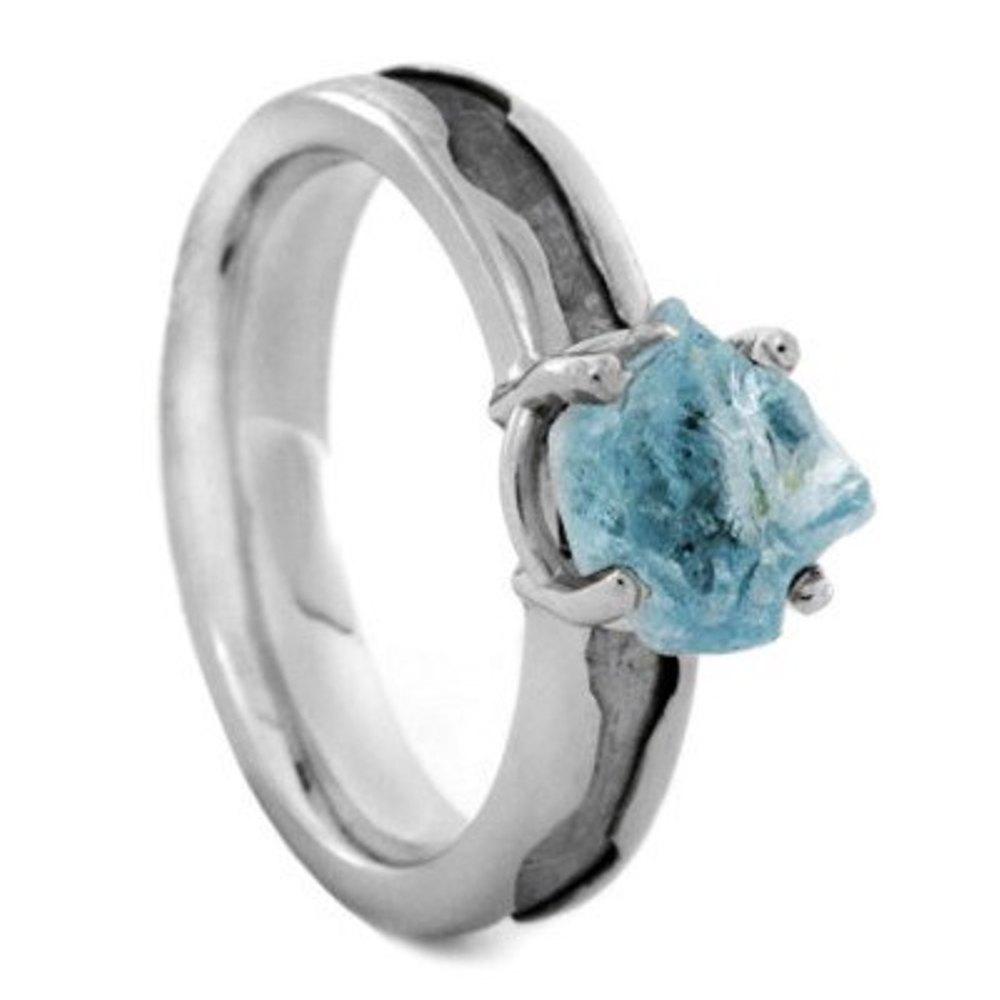 Aquamarine, Gibeon Meteorite, 10k White Gold Engagement Ring, men's White Opal, Aquamarine, Gibeon Meteorite and His and Hers Wedding Band Set. 