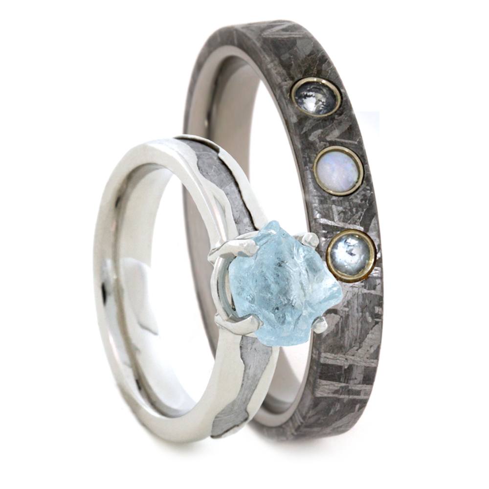 Aquamarine, Gibeon Meteorite, 10k White Gold Engagement Ring, men's White Opal, Aquamarine, Gibeon Meteorite and His and Hers Wedding Band Set.