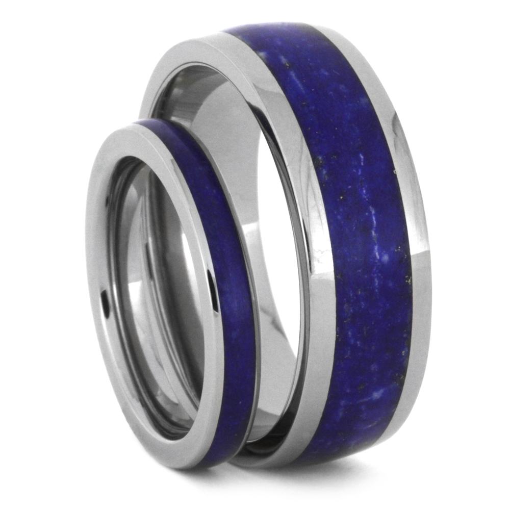 His and Hers Wedding Band Set, Lapis Lazuli Inlay Titanium Band.