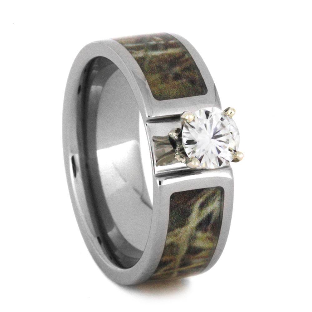 Charles & Colvard Moissanite Camo Engagement Ring, Men's Deer Antler, Camo Print Titanium Band and His and Her Wedding Band Set. 