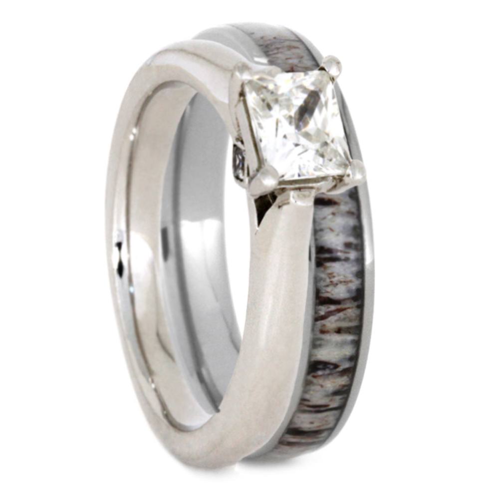 Charles & Colvard Moissanite,Bezel Set Diamond, 10k White Gold Engagement Ring, Deer Antler Inlay Titanium Wedding Band, Bridal Ring Set.