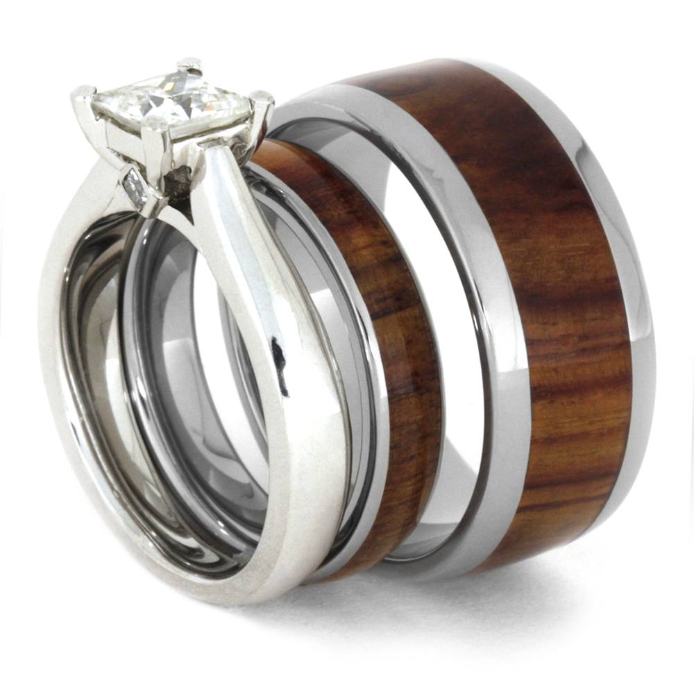 Charles & Colvard Moissanite with Diamond Engagement Ring, Tulip Wood and His and Hers Titanium Wedding Band Set.