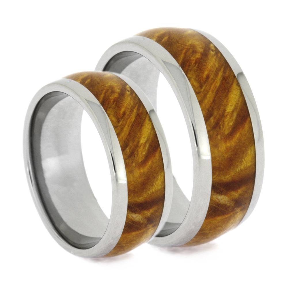 Gold Box Elder Burl Wood Inlay and His and Hers Wedding Band Set.