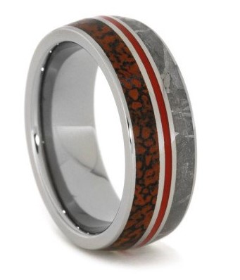 Dinosaur Bone, Gibeon Meteorite, Red Enamel Inlay 8mm Comfort-Fit Titanium Band. 