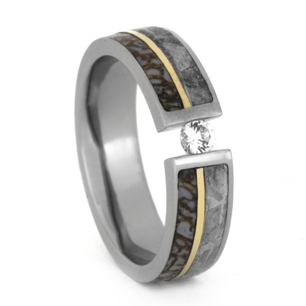 Tension Set Diamond, Gibeon Meteorite, Dinosaur Bone, 14k Yellow Gold 8mm Comfort-Fit Titanium Band. 