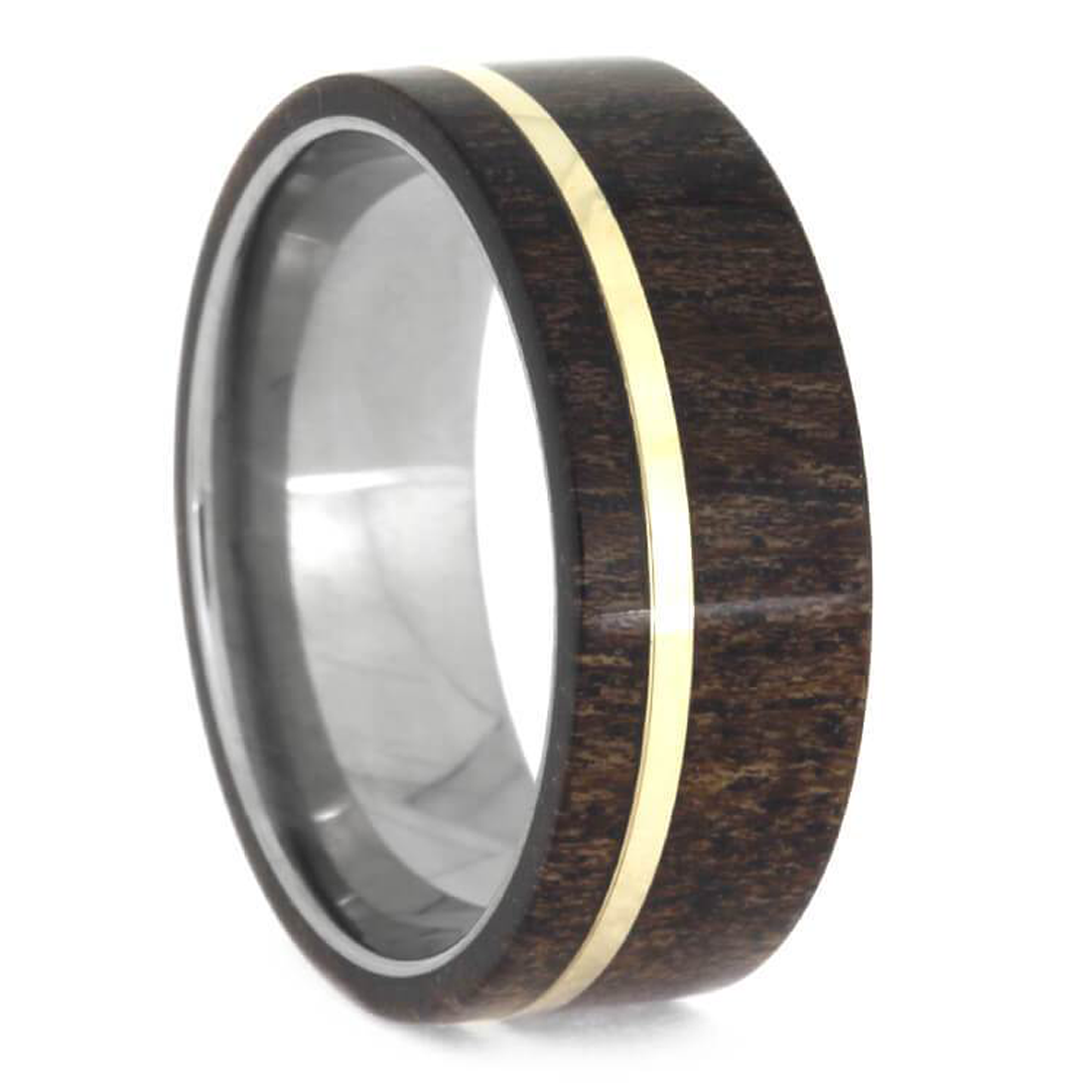 Black Mesquite wood with an inlaid 14k peek-a-boo pinstripe overlaid on an 8 millimeter, comfort-fit titanium band. Handmade by The Men's Jewelry Store. 