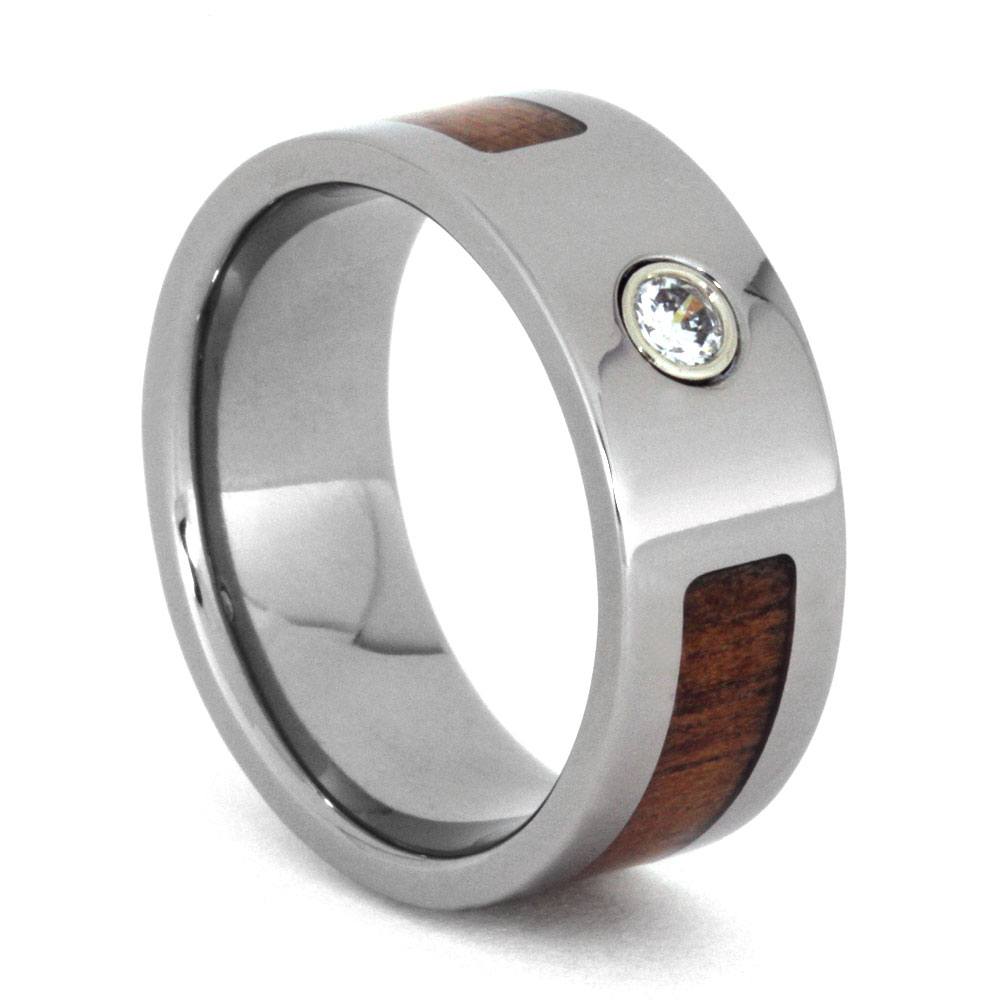 Bezel Set Diamond, Koa Wood 8mm Comfort-Fit Titanium Wedding Band. 