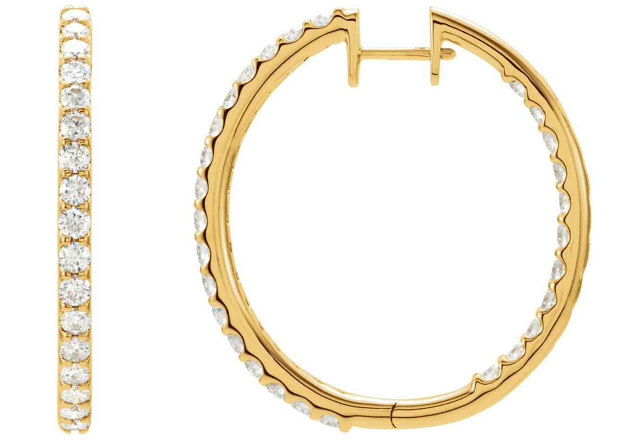 3 Ctw Diamond Inside-Outside 14k Yellow Gold Hoop Earrings.