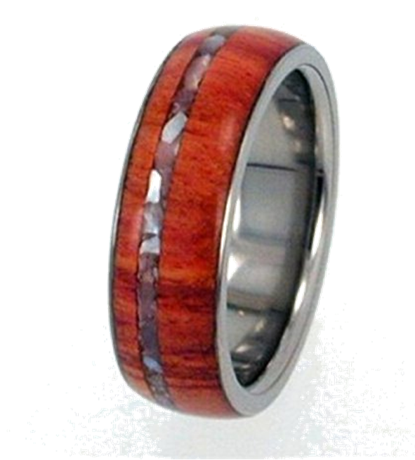 Mother of Pearl , Tulip Wood Inlay 7mm Comfort Fit Polished Titanium Band. 