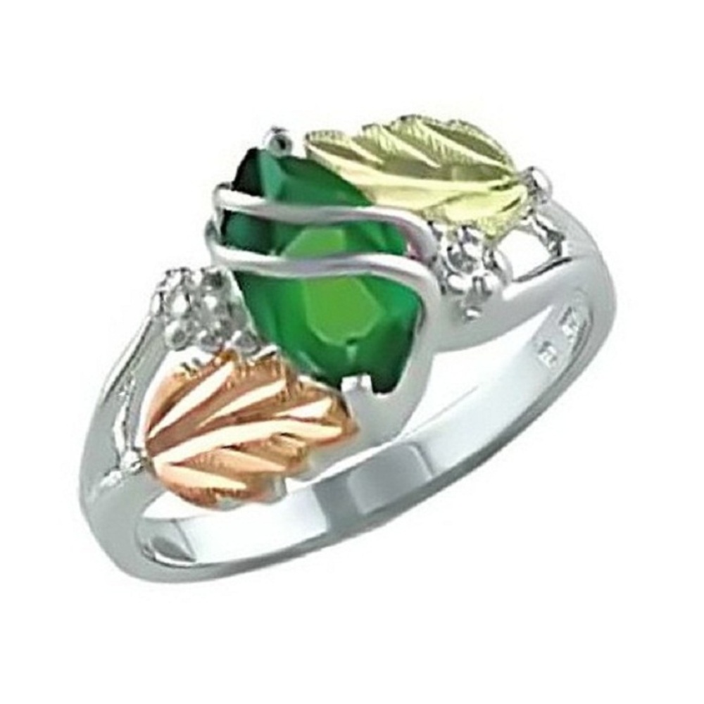 Emerald with Satin Polish Finish Ring, Black Hills Gold motif. 
