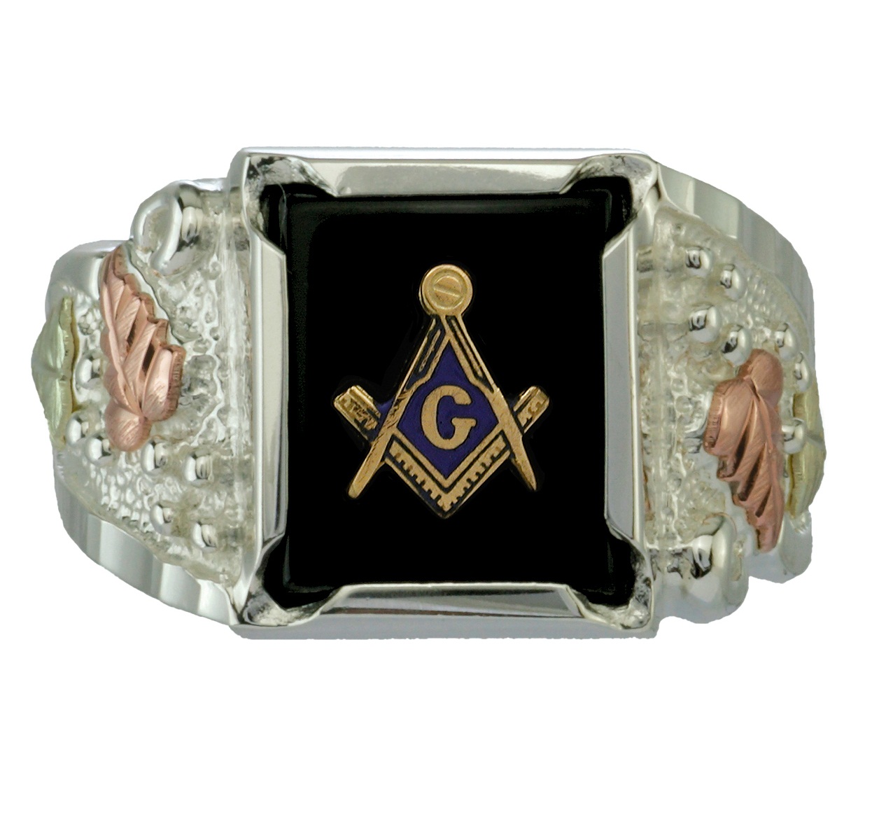 Men's Onyx Masonic ring in rhodium plated sterling silver with hand-sculpted, diamond-cut, hand-placed 12k rose and 12k green gold grape leaves on the shank. Shank is diamond-cut for a beautiful white brilliance.  