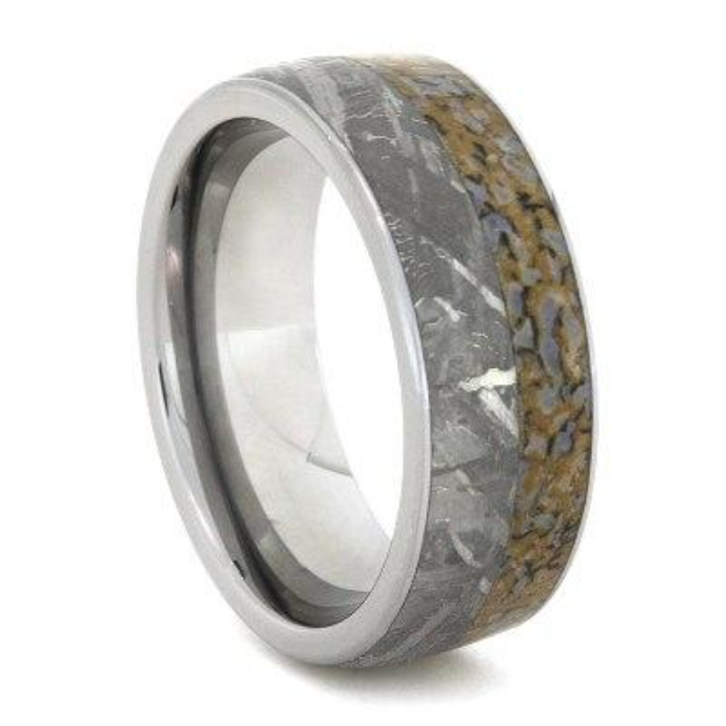 Dinosaur Bone Ring With Meteorite Inlay On A Polished Tungsten Band