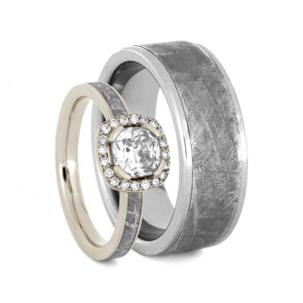 Meteorite Wedding Ring Set, Halo Moissanite Ring With Men's Meteorite Band