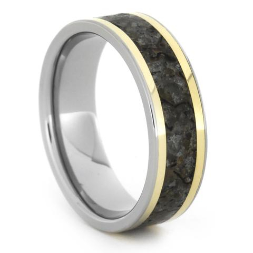 Dinosaur Bone Inlay, 18k Yellow Gold Pinstripes 7mm Titanium Comfort-Fit Wedding Band