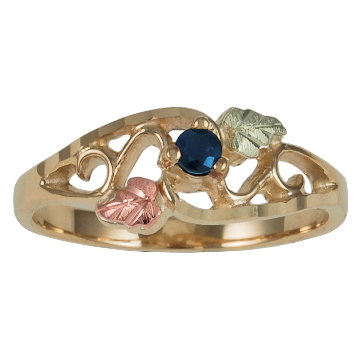 Blue Sapphire Family Birthstone Ring, 10k Yellow Gold, 12k Green and Rose Gold Black Hills Gold Motif