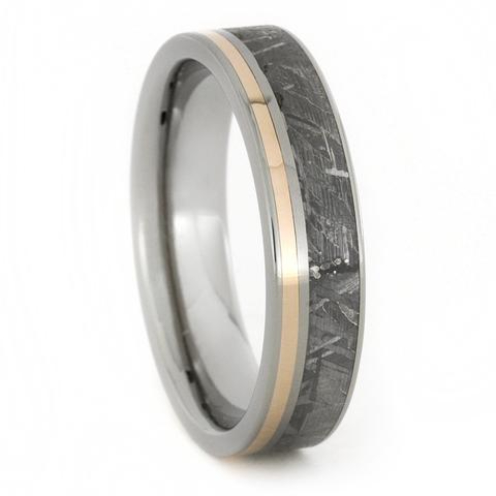 Gibeon Meteorite, 14k Rose Gold Pinstripe 5.5mm Titanium Comfort-Fit Band