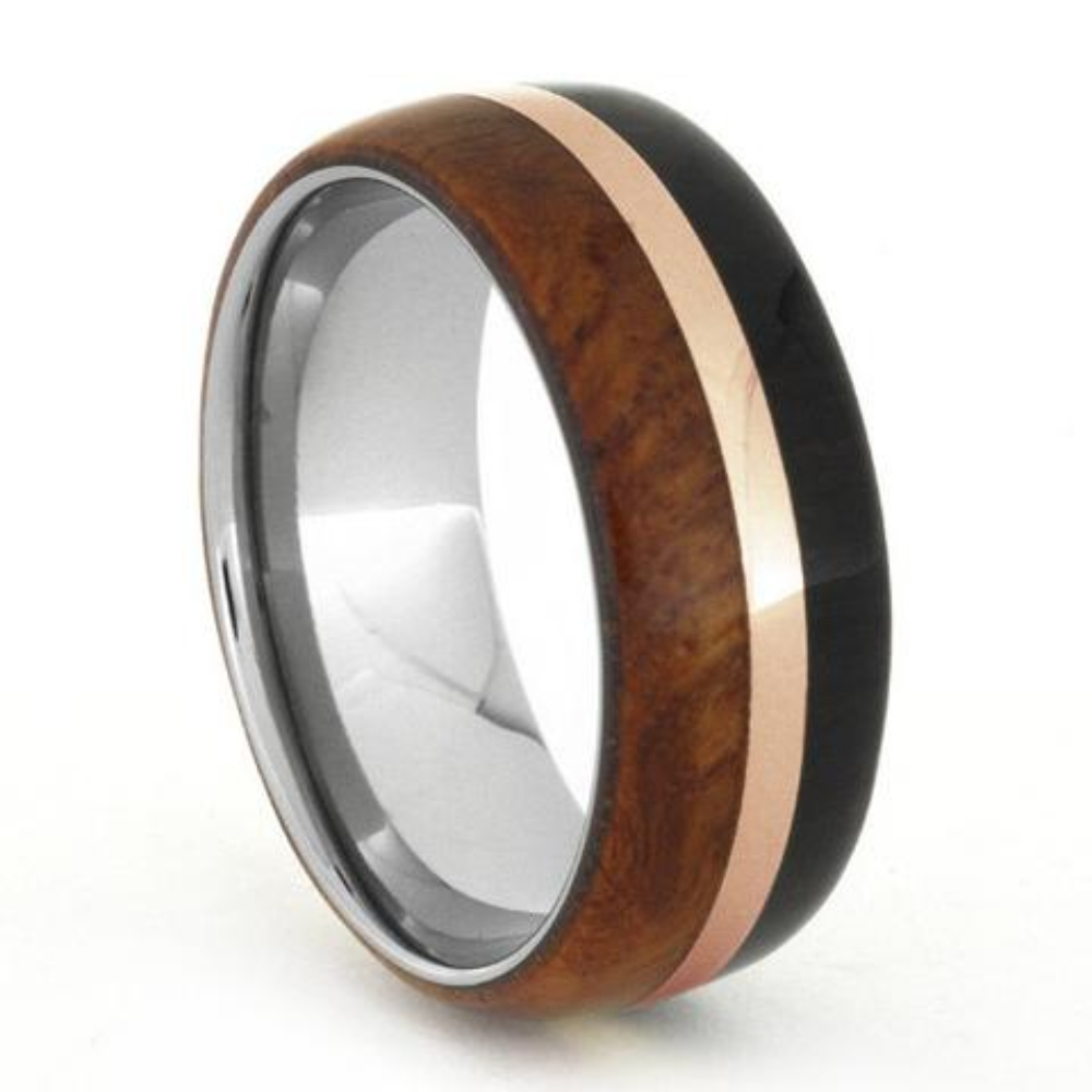 Amboyna and African Blackwood, 14k Rose Gold Pinstripe 8mm Titanium Comfort-Fit Band