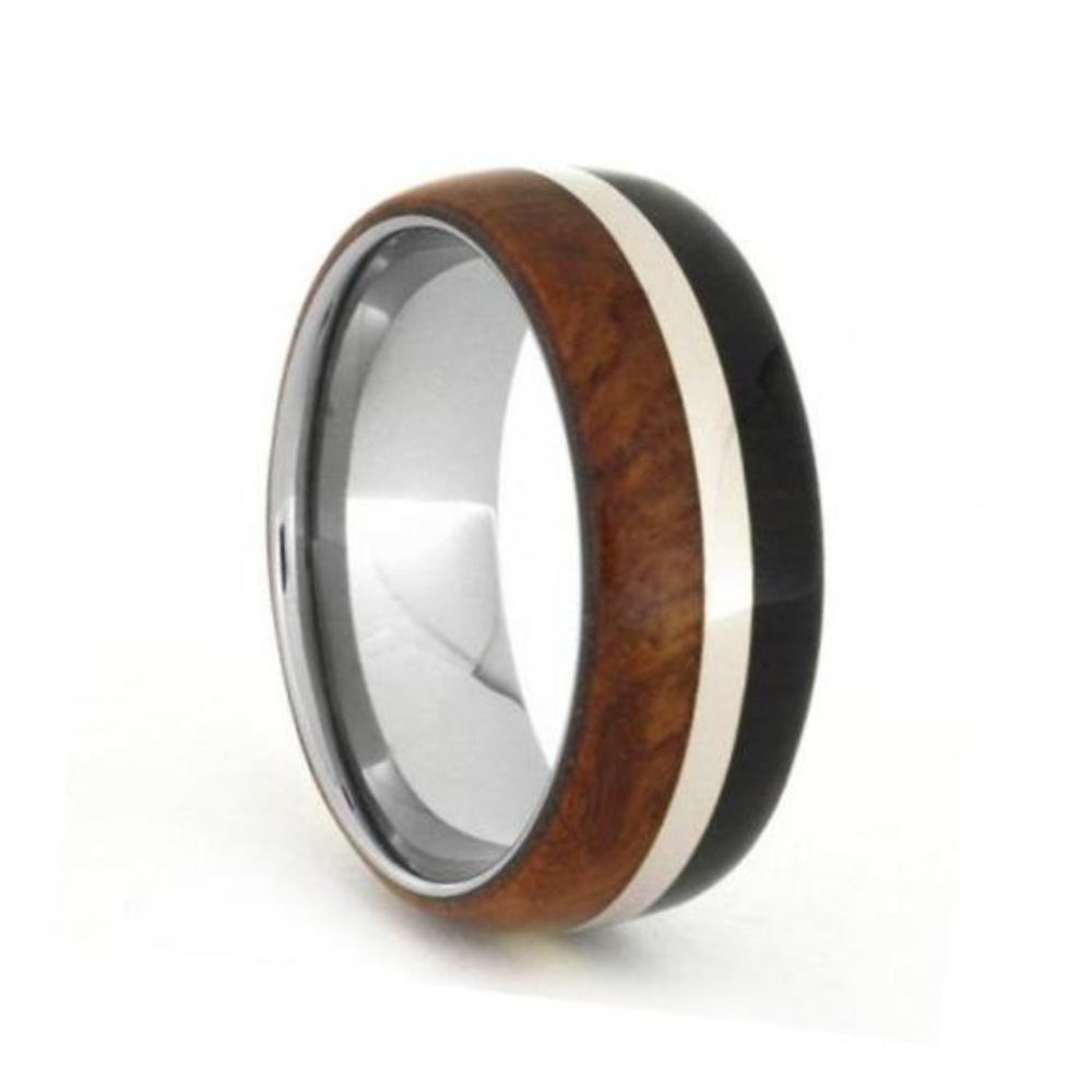 Amboyna and African Blackwood, 14k White Gold Pinstripe 8mm Titanium Comfort-Fit Band