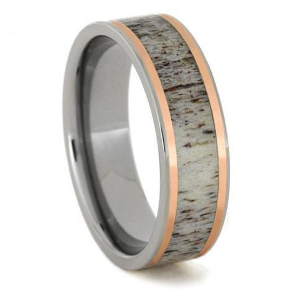 Deer Antler Inlay, 14k Rose Gold Pinstripes 7mm Titanium Comfort-Fit Band