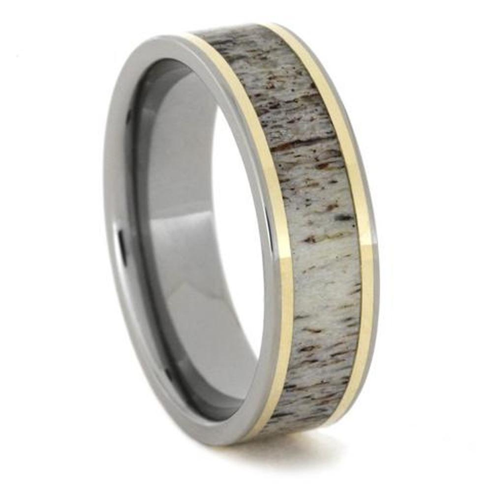 Deer Antler Inlay, 14k Yellow Gold Pinstripes 7mm Titanium Comfort-Fit Band