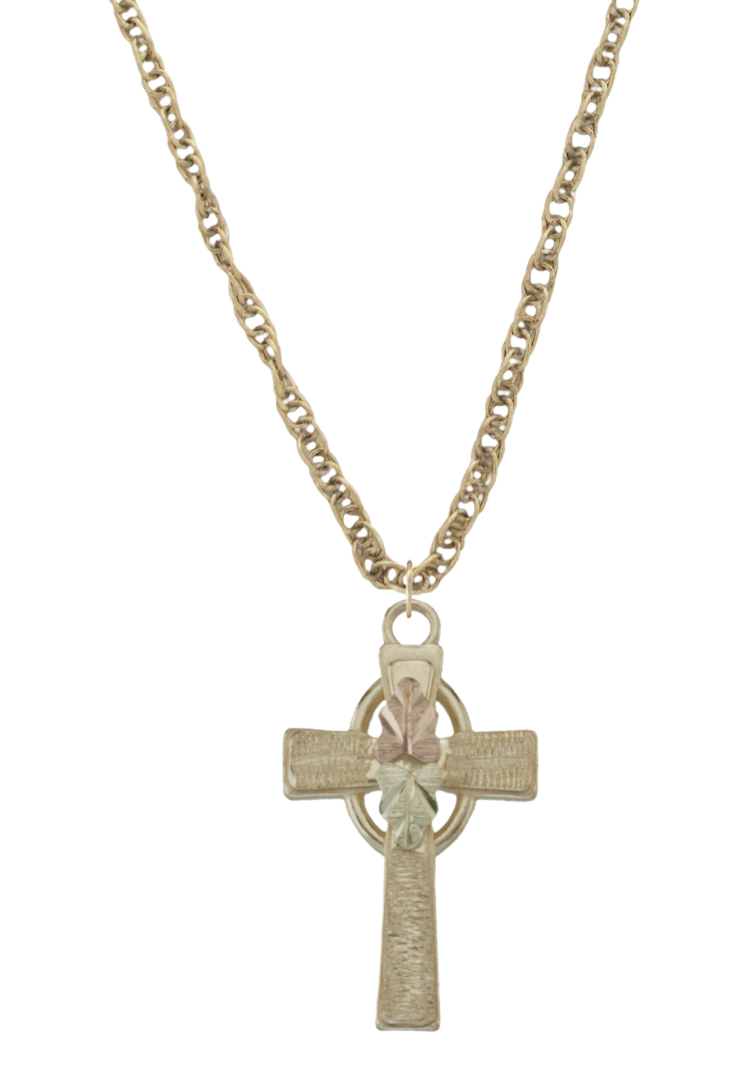 cross with Black Hills Gold motif suspended from a yellow gold filled chain. 