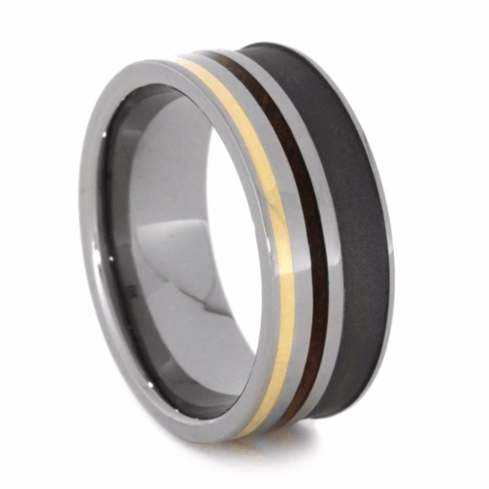 Sandblasted Titanium, Whiskey Barrel Wood, 14k Yellow Gold 8mm Comfort-Fit Titanium Wedding Band