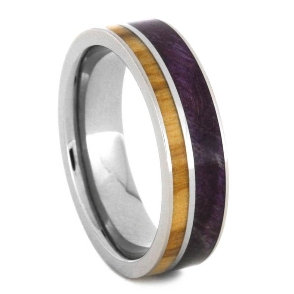 Purple Box Elder Burl, Bethlehem Olive Wood 6mm Titanium Comfort-Fit Wedding Band