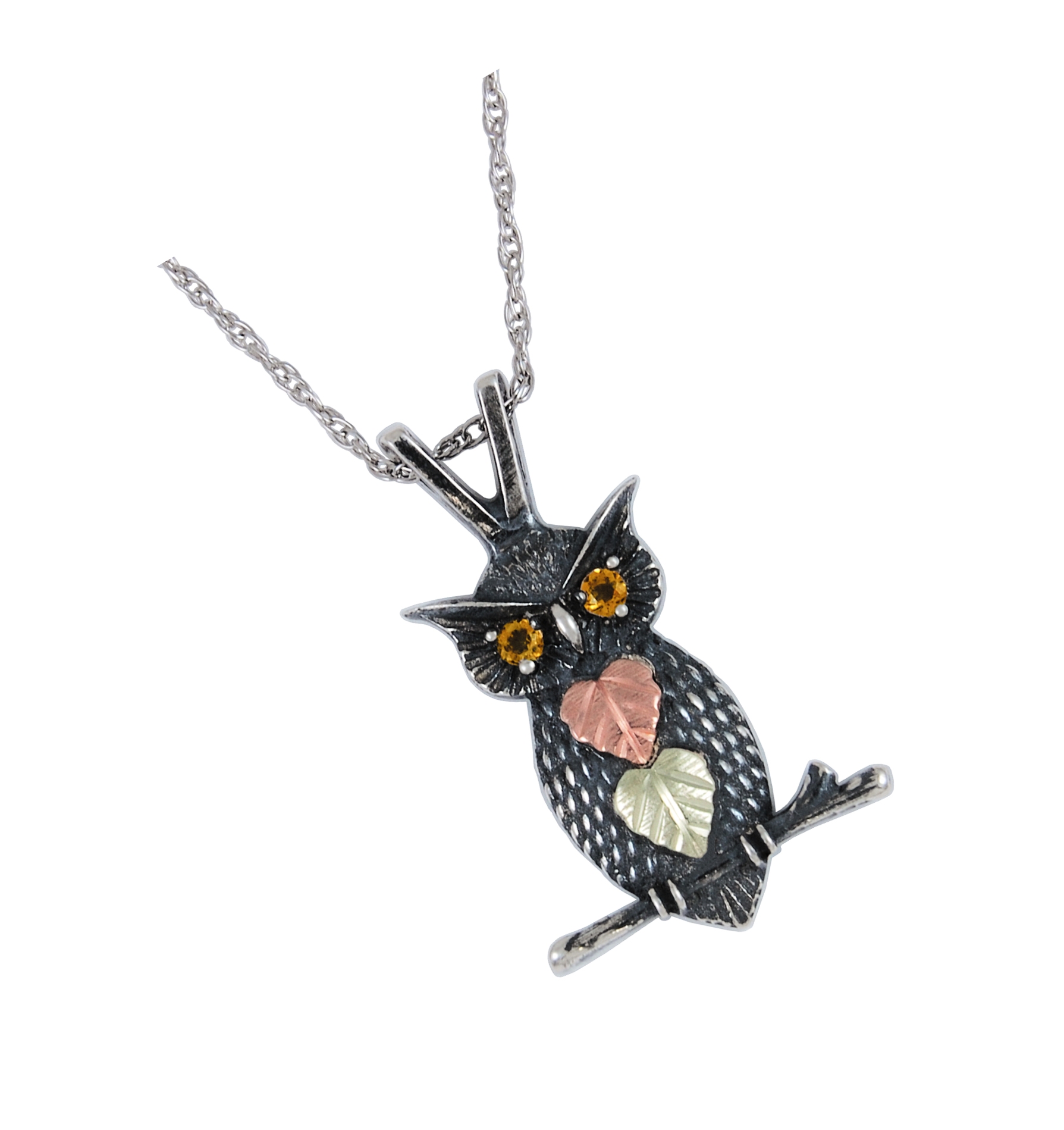 Antiqued Oxidized Citrine Owl Pendant Necklace, Sterling Silver, 12k Green and Rose Gold Black Hills Gold Motif