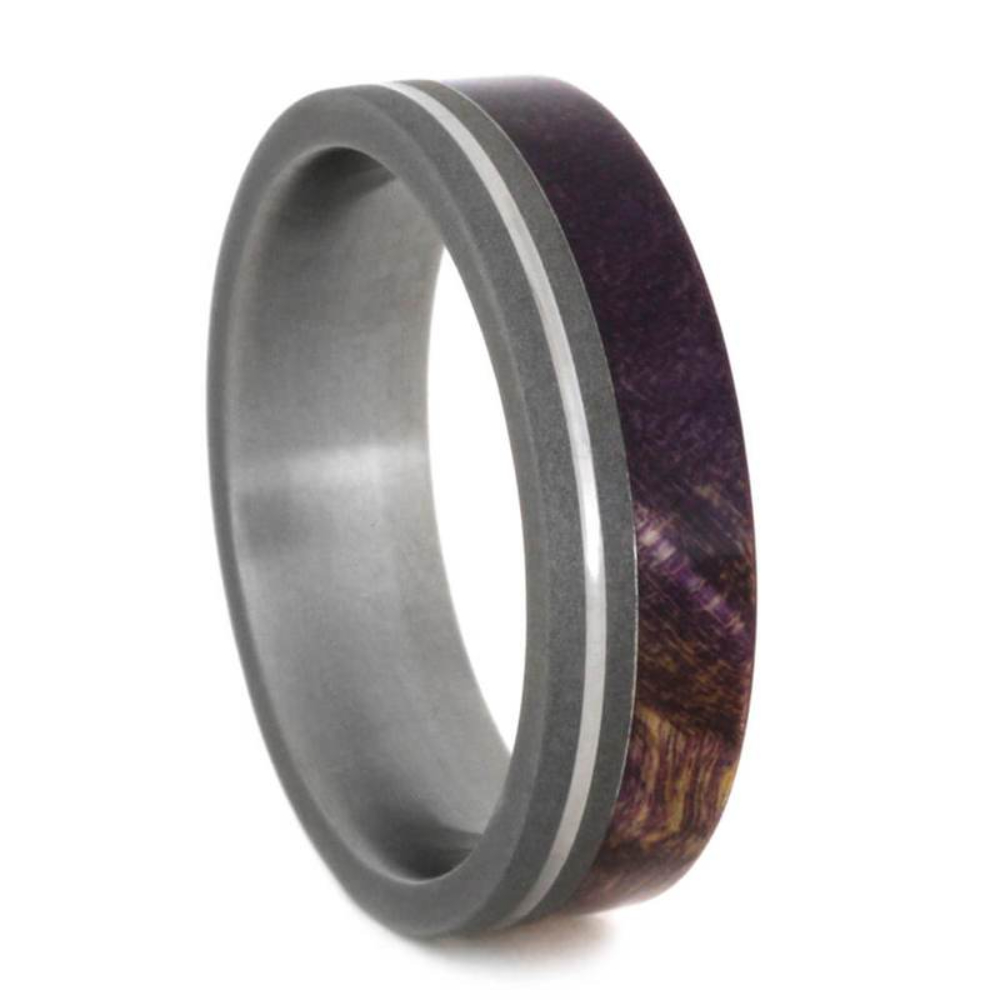 Purple Box Elder Burl, Grooved Pinstripe 6mm Sandblasted Titanium Comfort-Fit Band