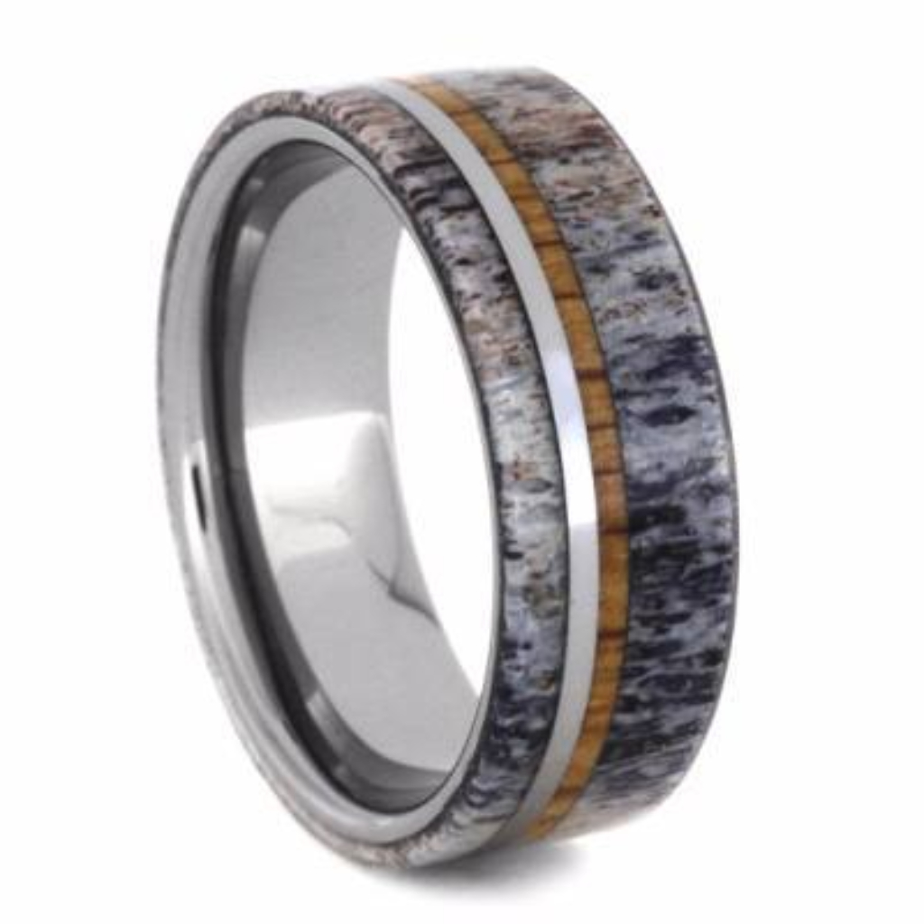 Deer Antler, Oak Wood 8mm Tungsten Comfort-Fit Wedding Band