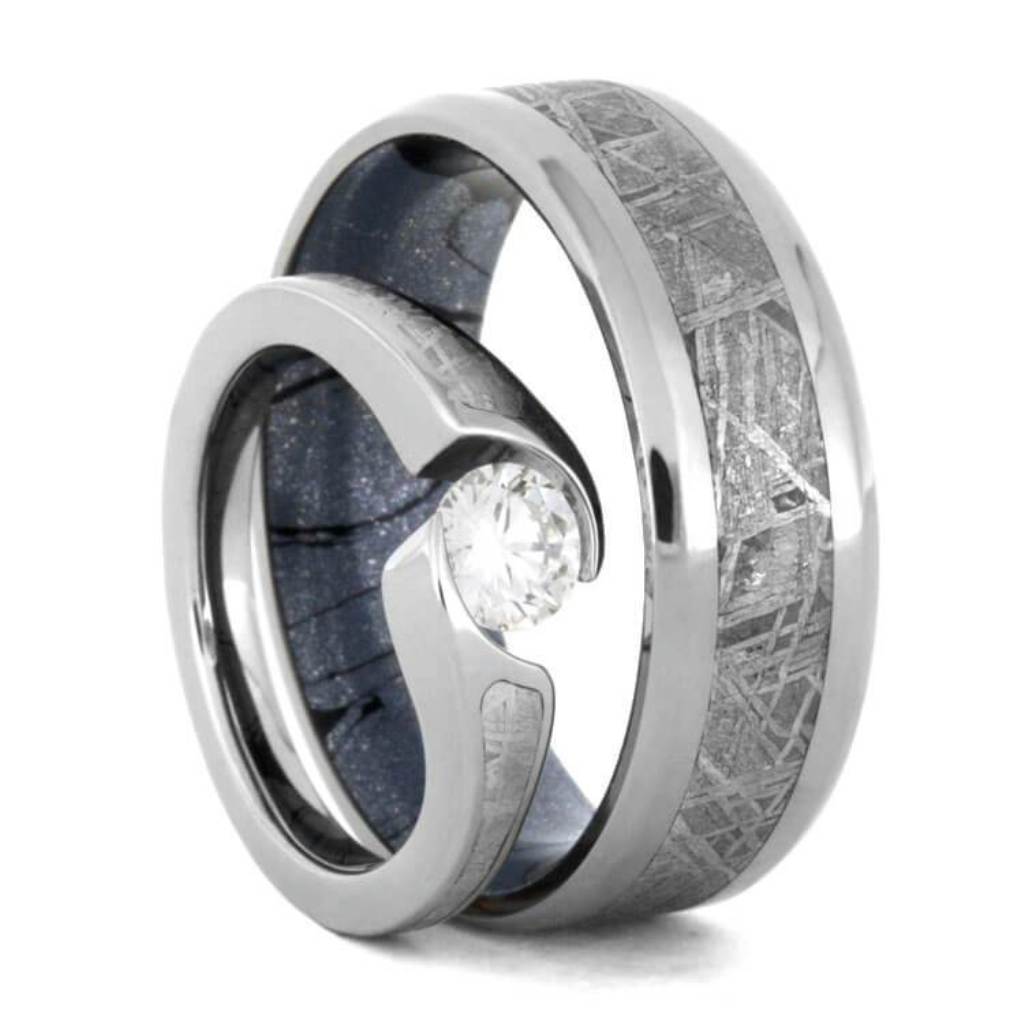 Diamond Meteorite Wedding Ring Set, Twist Engagement Ring With Mokume Wedding Band