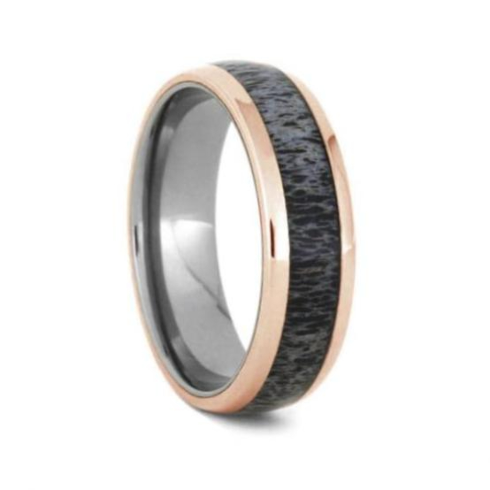 Deer Antler Inlay, 14k Rose Gold Edges 7mm Titanium Comfort-Fit Band