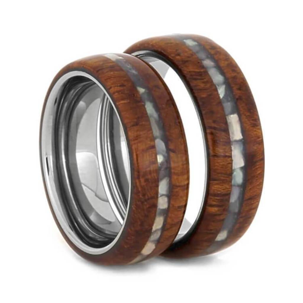 Mother Of Pearl Wedding Band Set, Afzelia Wood Rings-2290