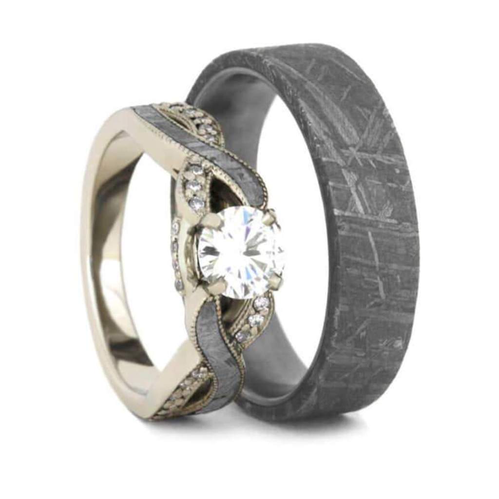 Meteorite Wedding Ring Set, Moissanite Engagement Ring And Men's Band