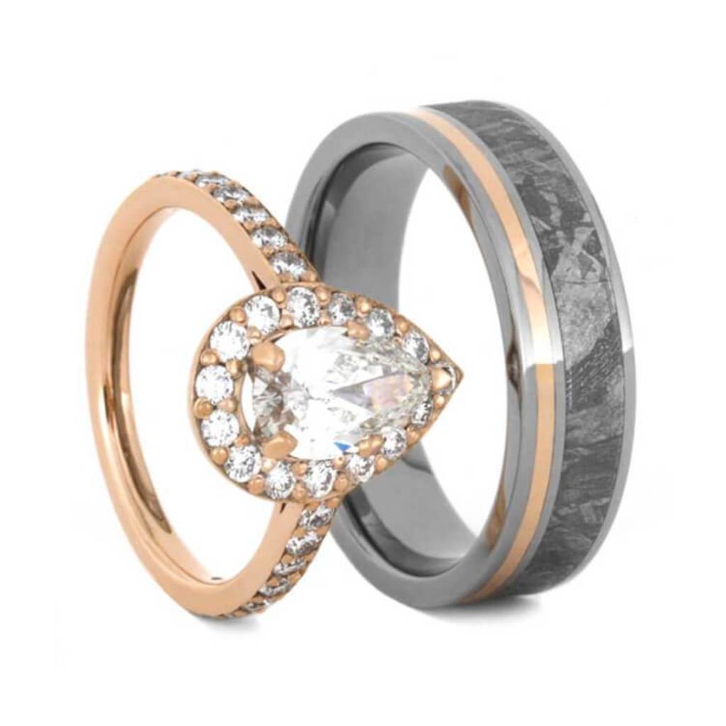 Rose Gold Wedding Ring Set, Pear Moissanite Engagement Ring, Men's Meteorite Ring2311