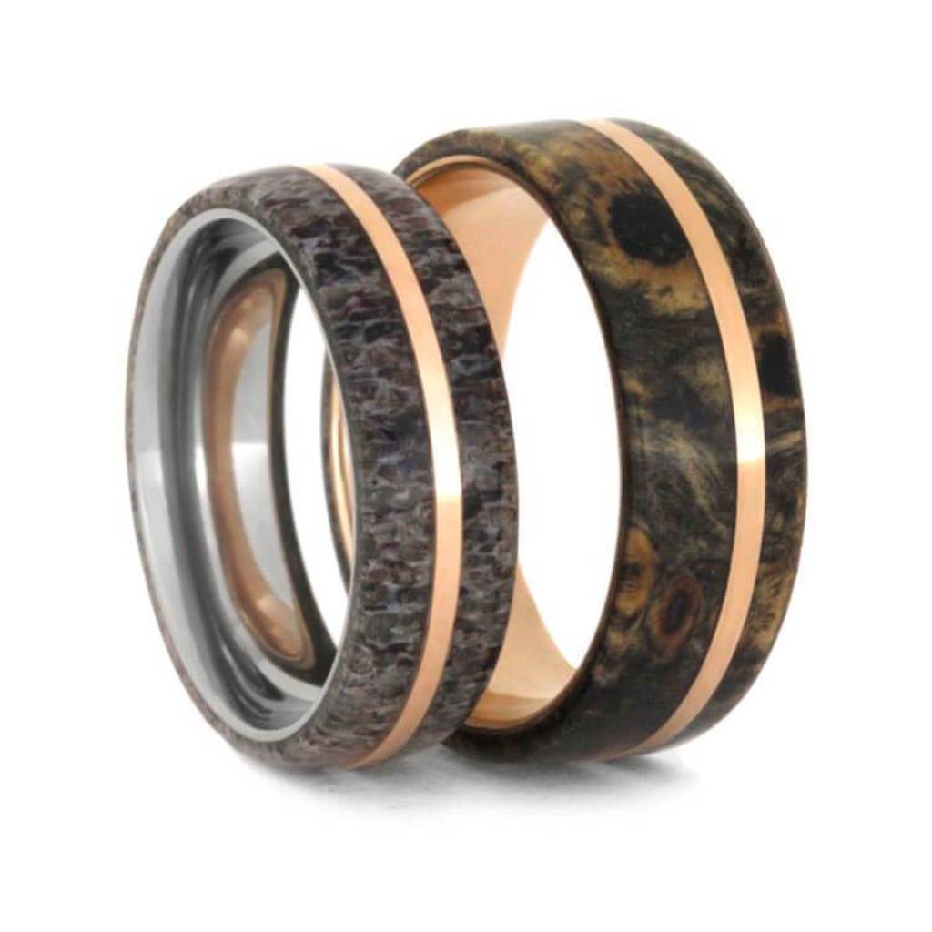 Deer Antler, Buckeye Burl Wood with 14k Rose Gold Comfort-Fit Matte Titanium Couples Wedding Band Set 