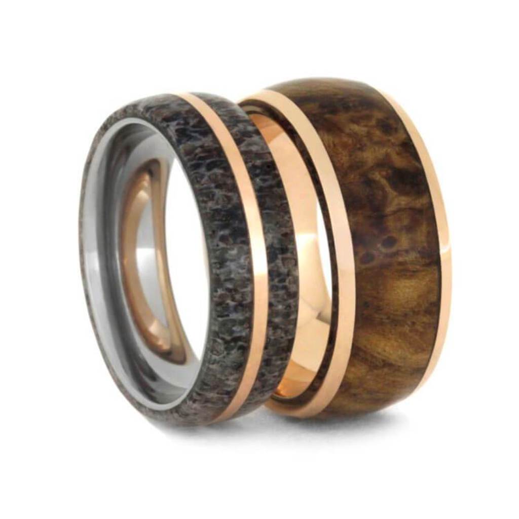 Deer Antler, Black Ash Burl Wood  with 14k Rose Gold Comfort-Fit Titanium Couples Wedding Band Set 