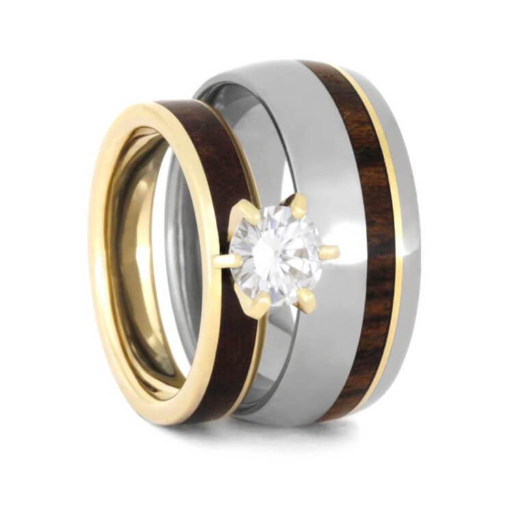 Moissanite, Maple Burl, Ironwood with 10k Yellow Gold Comfort-Fit Titanium Couples Wedding Band Set 