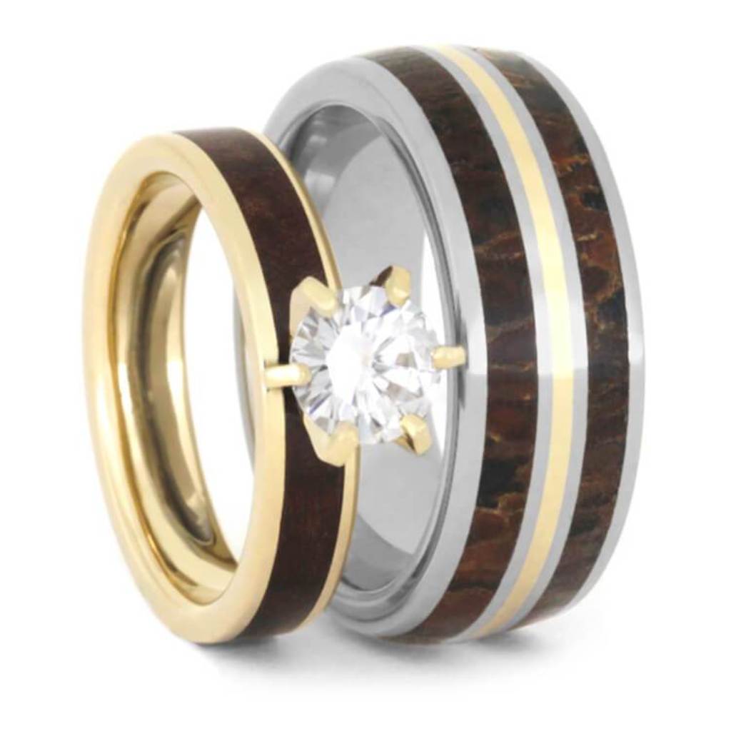 Moissanite, Dinosaur Bone, Maple Burl Wood with 14k Yellow Gold Comfort-Fit Titanium Couples Wedding Band Set 